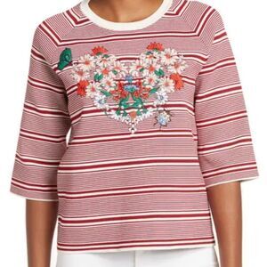 Maje Paris Marco Floral Embroidered 3/4 Sleeve Striped Sweater Like New